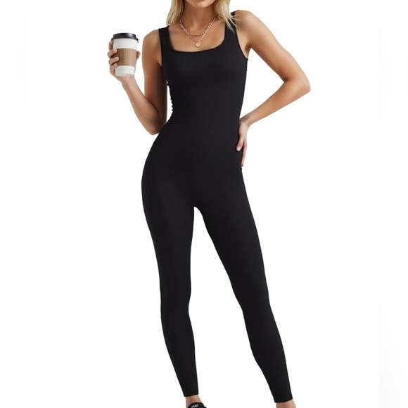 Pants - Black Women's Full Length Fitted Ribbed Bodysuit Jumpsuit
